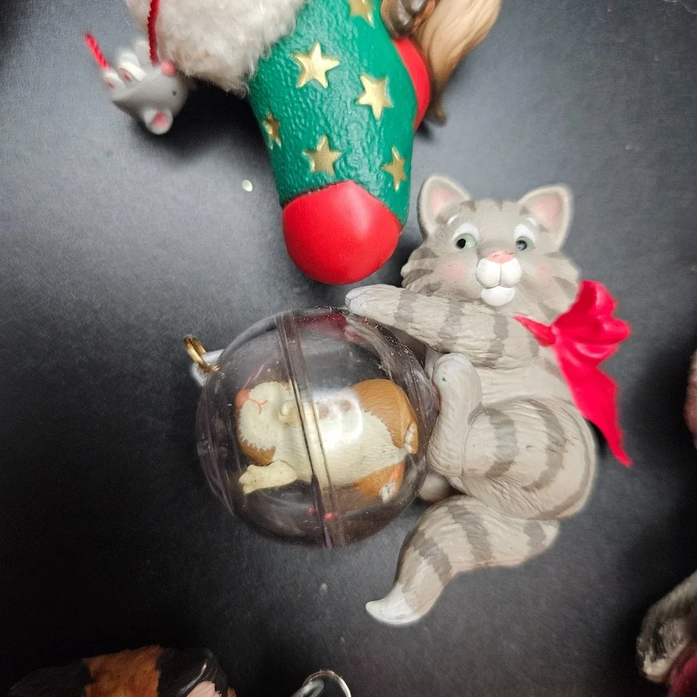 Vintage Cat Christmas Ornament Lot of 8‎ Resin Glass 1990s Kitty Holiday Decor